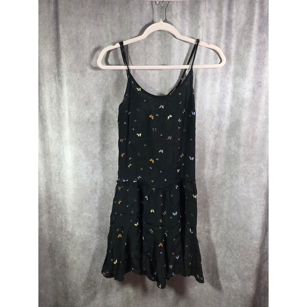 Wild Fable Black Butterfly Print Tiered Mini Dress Small Spaghetti Strap Lace Up